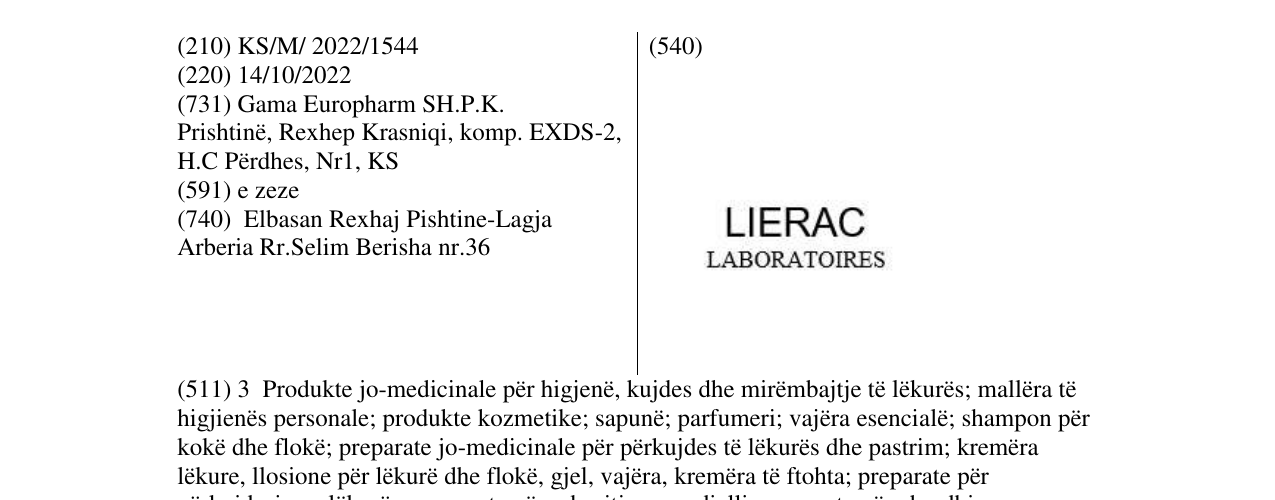 Zëri i markës LIERAC LABORATOIRES në buletin