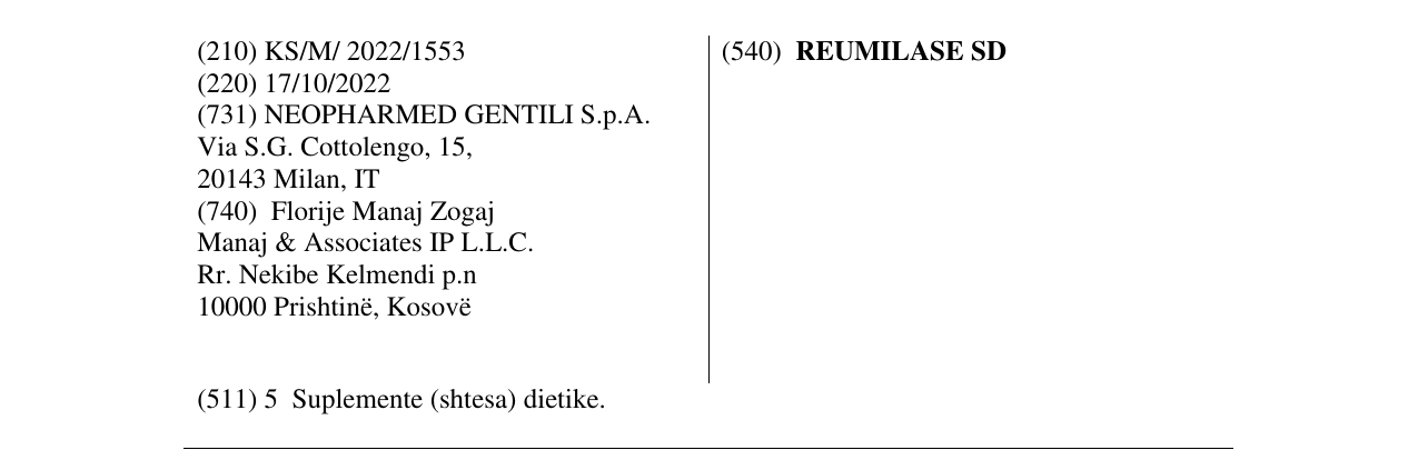 Zëri i markës REUMILASE SD në buletin