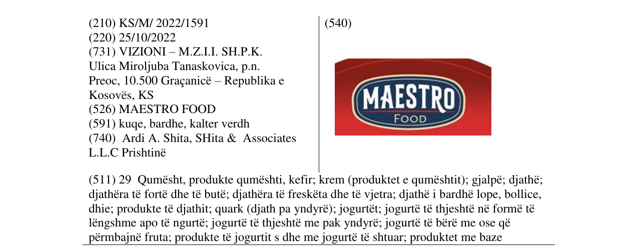 Zëri i markës MAESTRO FOOD në buletin