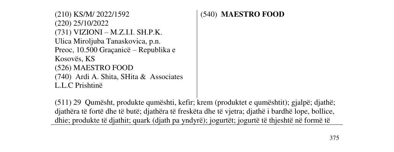 Zëri i markës MAESTRO FOOD në buletin