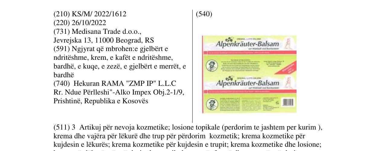 Zëri i markës Alpenkrauter-balsam në buletin
