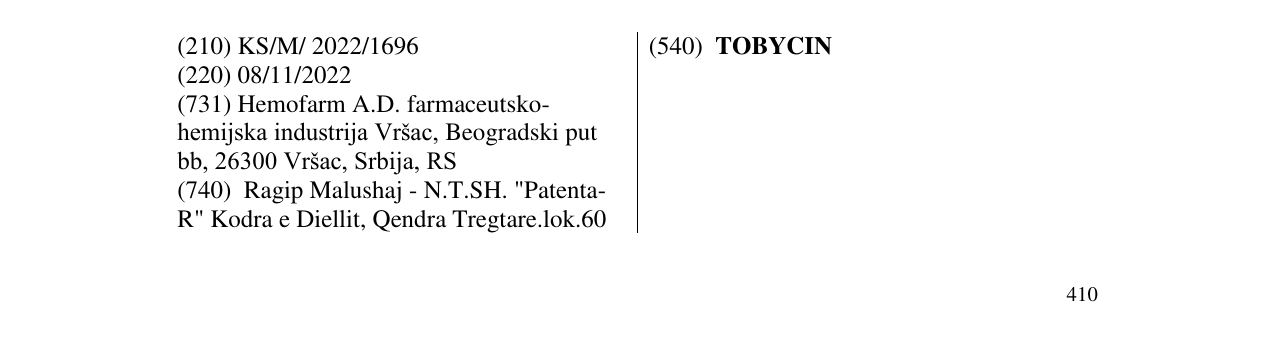 Zëri i markës TOBYCIN në buletin