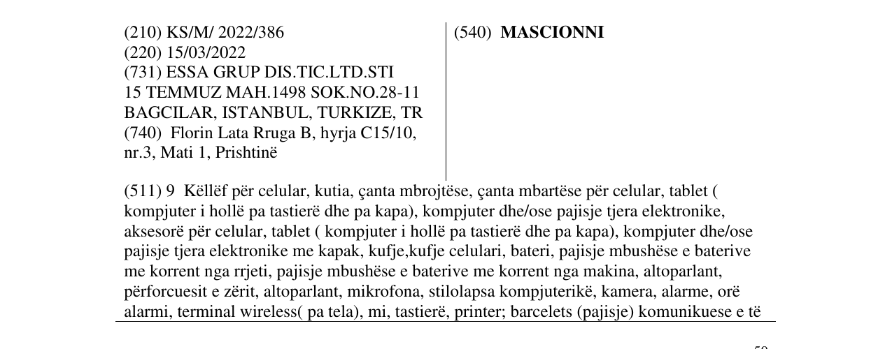 Zëri i markës MASCIONNI në buletin