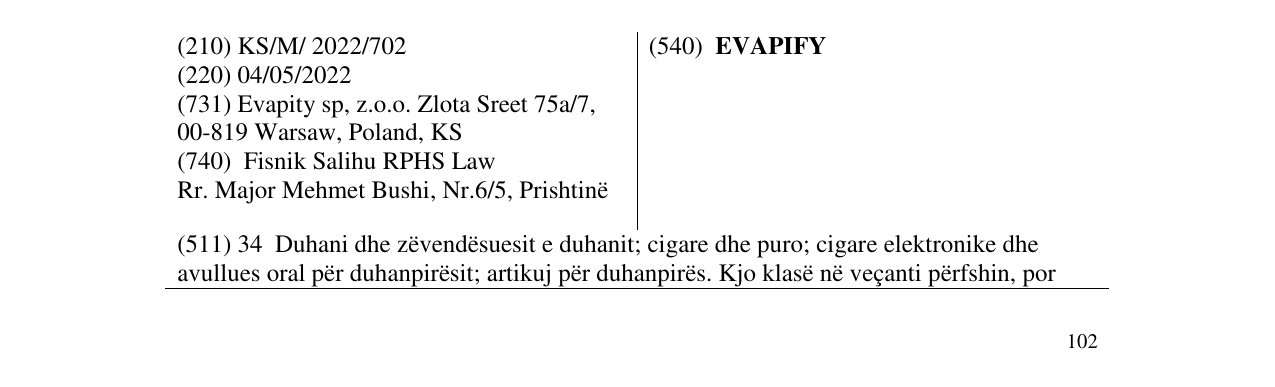 Der Eintrag der Marke EVAPIFY im Bulletin