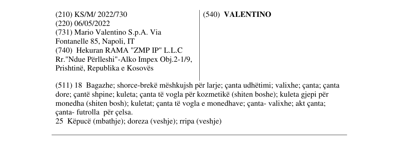 Zëri i markës VALENTINO në buletin