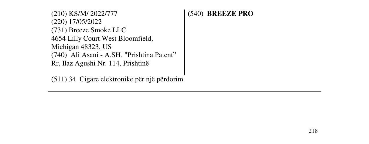 Zëri i markës BREEZE PRO në buletin