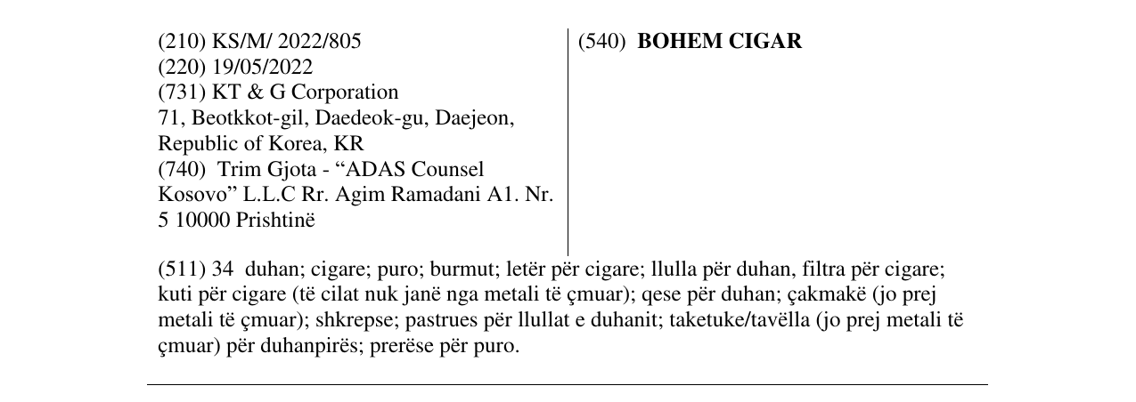 Zëri i markës BOHEM CIGAR në buletin