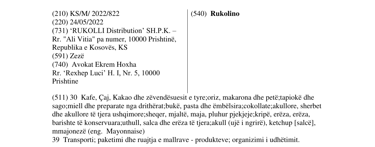Zëri i markës Rukolino në buletin