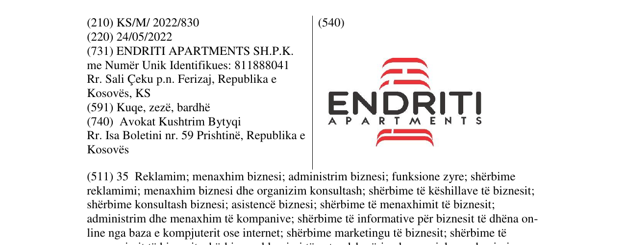 Zëri i markës ENDRITI-APARTMENTS në buletin