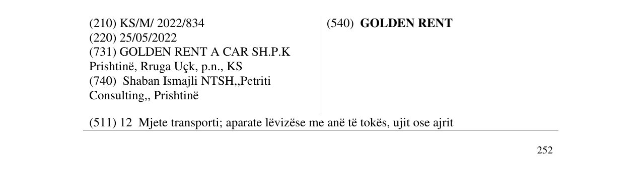 Zëri i markës GOLDEN RENT në buletin