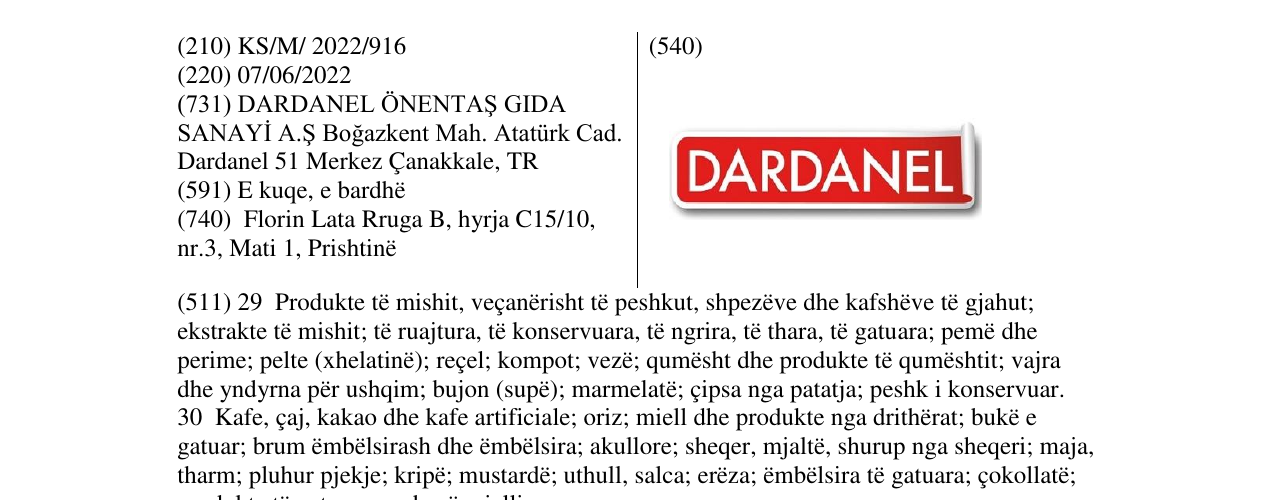 Zëri i markës DARDANEL në buletin