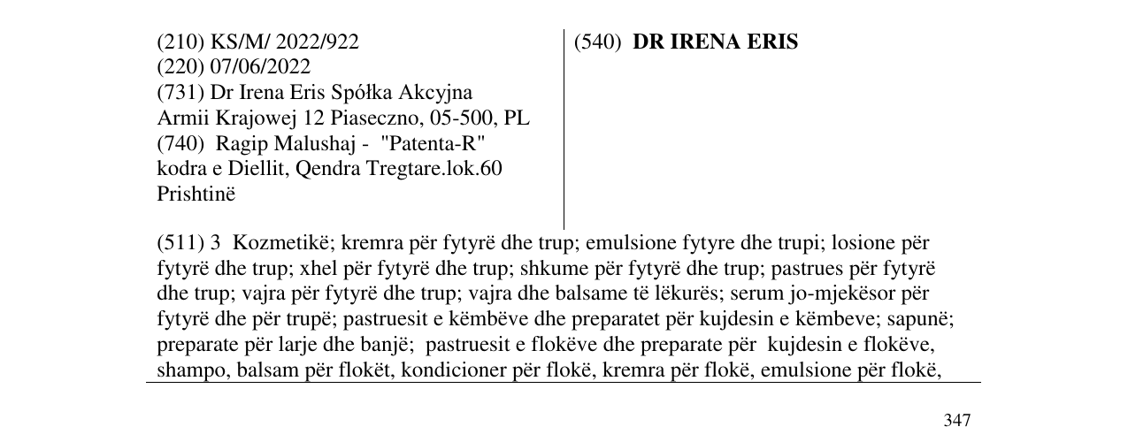 Zëri i markës DR IRENA ERIS në buletin