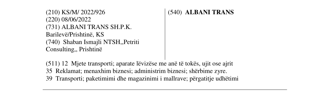 Zëri i markës ALBANI TRANS në buletin