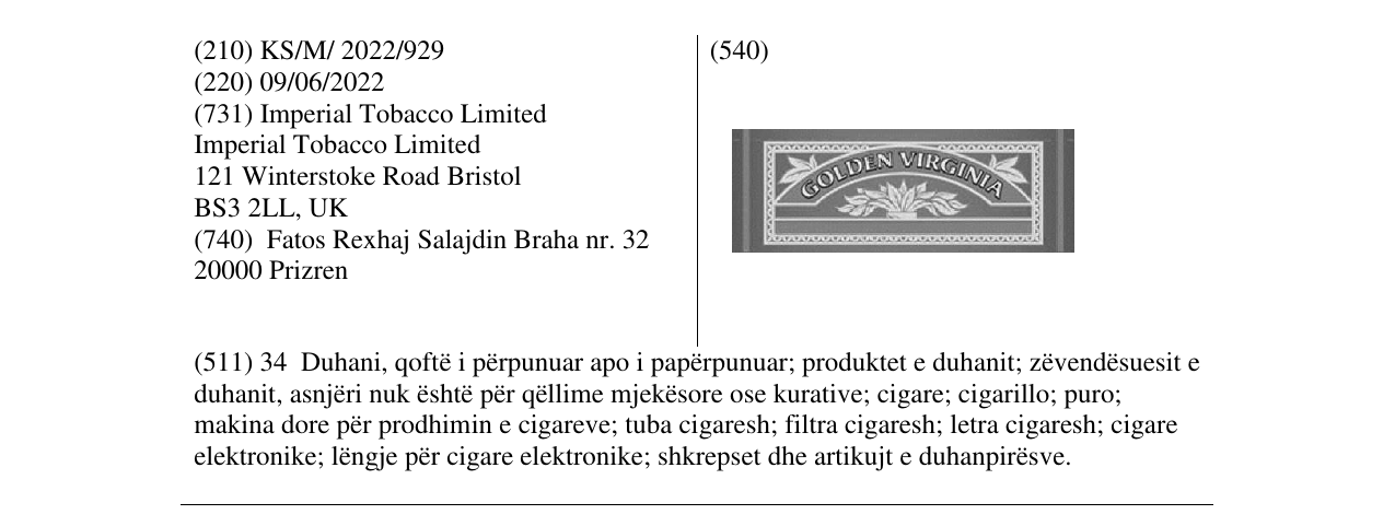 Zëri i markës GOLDEN VIRGINIA në buletin