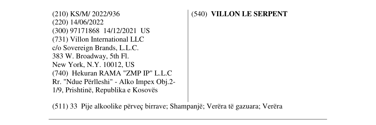 Zëri i markës VILLON LE SERPENT në buletin