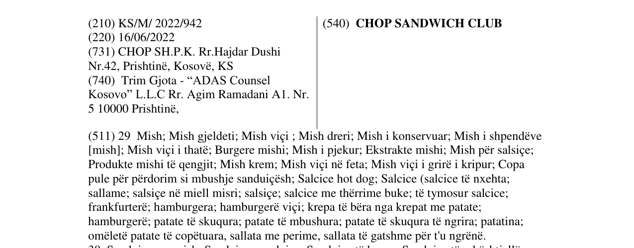 Zëri i markës CHOP SANDWICH CLUB në buletin