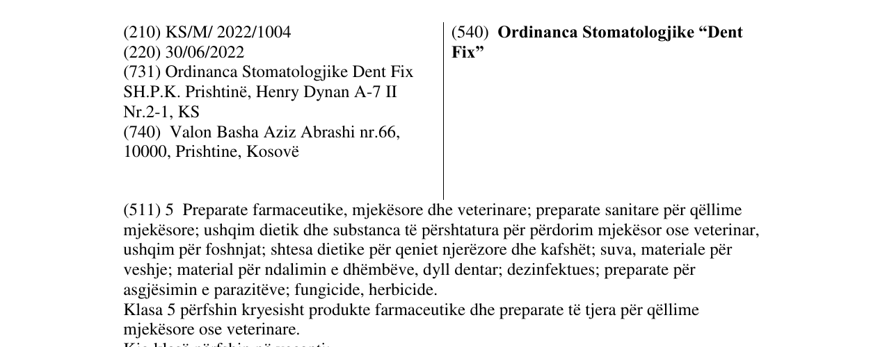Zëri i markës Ordinanca Stomatologjike “Dent Fix” në buletin