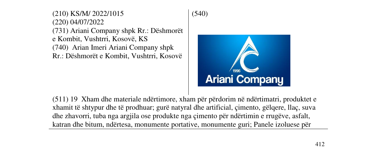 Zëri i markës Ariani Company në buletin