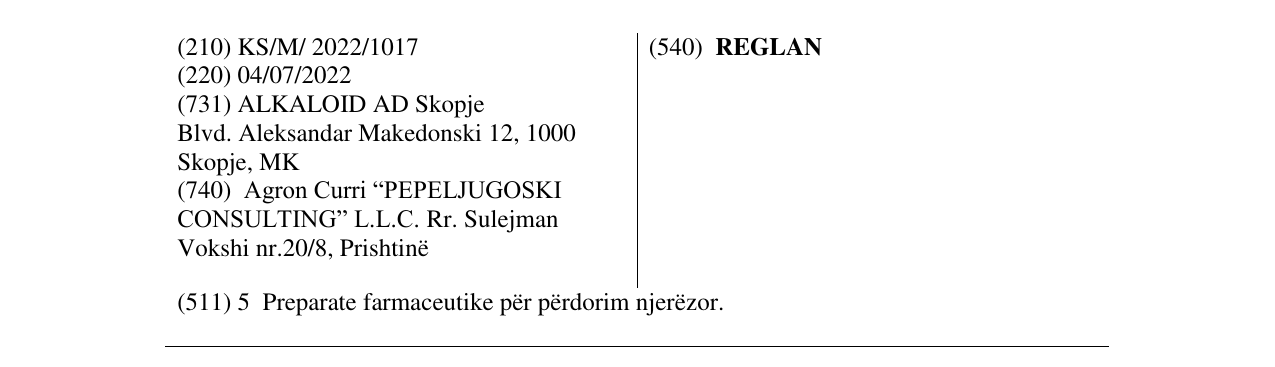 Zëri i markës REGLAN në buletin