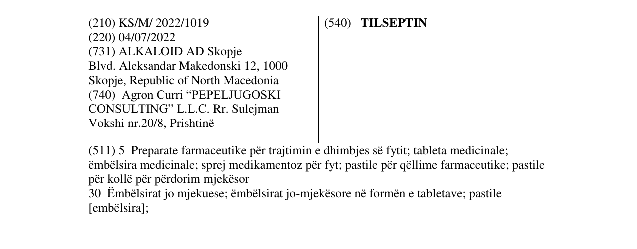 Zëri i markës TILSEPTIN në buletin