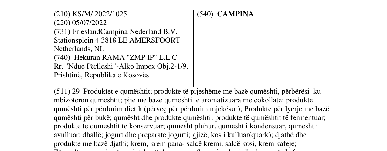 Zëri i markës CAMPINA në buletin