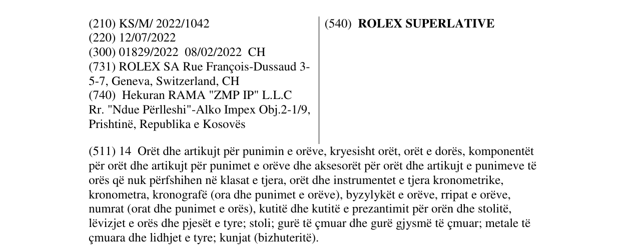Zëri i markës ROLEX SUPERLATIVE në buletin