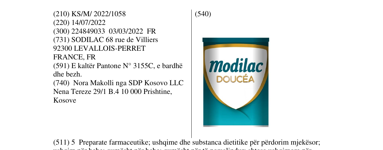 Zëri i markës modilac DOUCEA në buletin