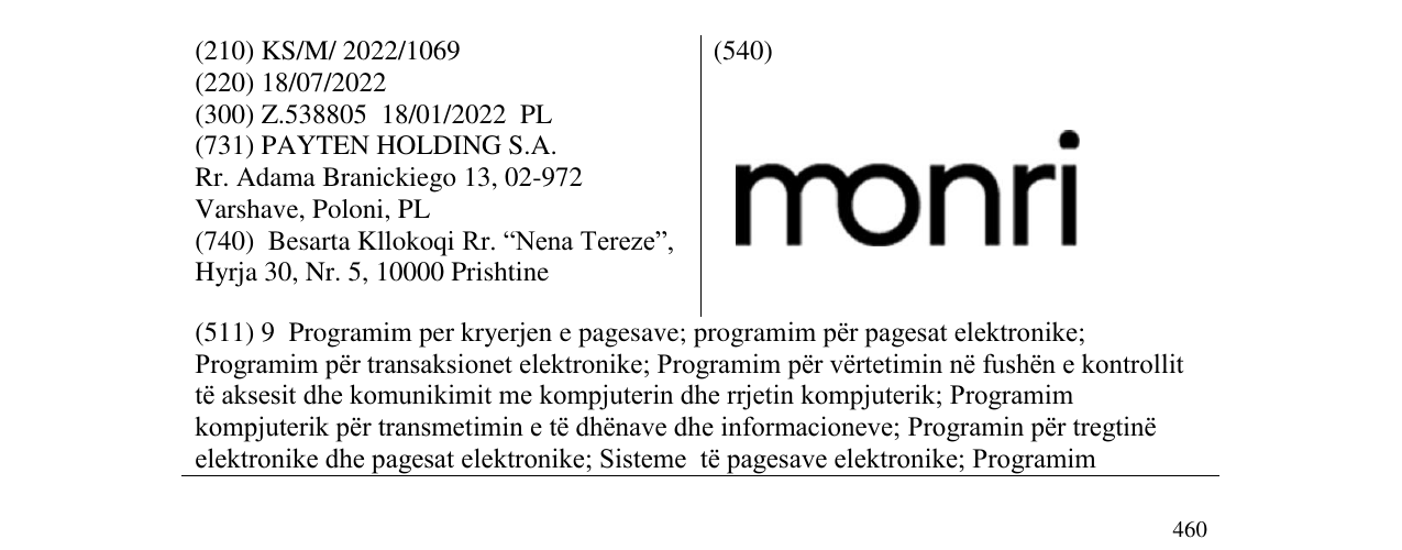 The entry of the trademark monri in the bulletin