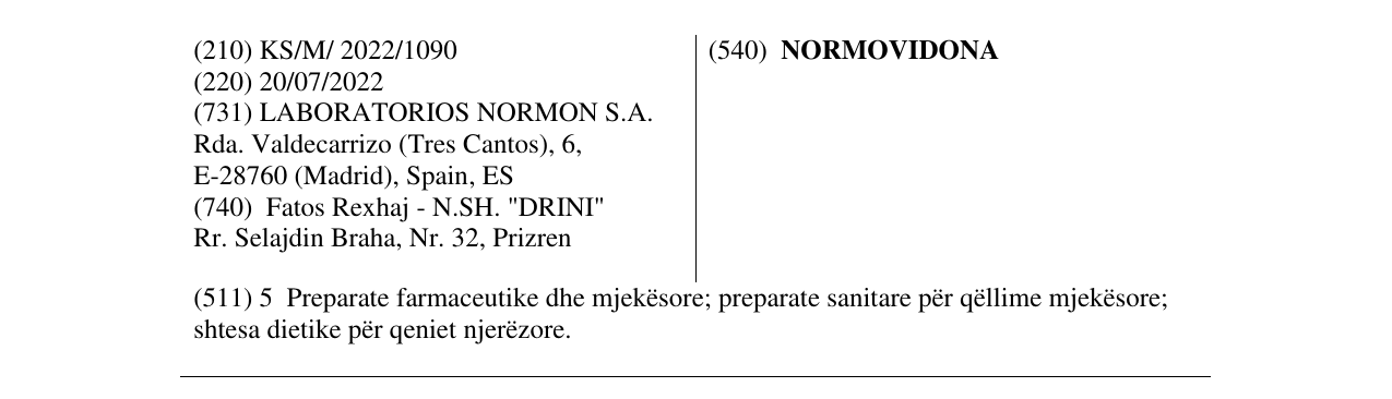 Zëri i markës NORMOVIDONA në buletin