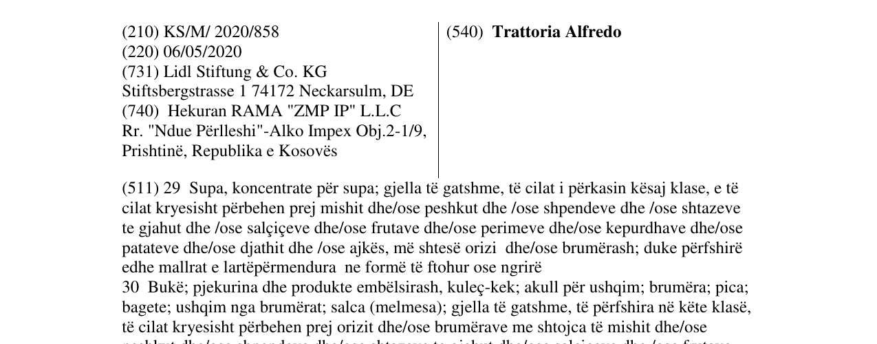 Zëri i markës Trattoria Alfredo në buletin