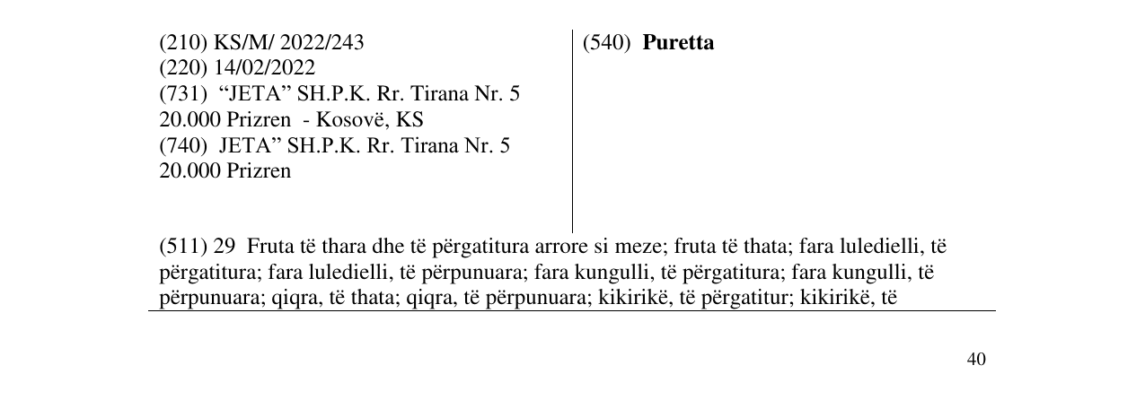 Zëri i markës Puretta në buletin