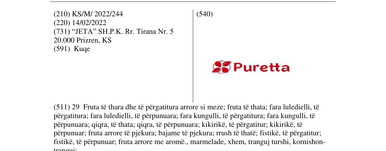 Zëri i markës Puretta në buletin