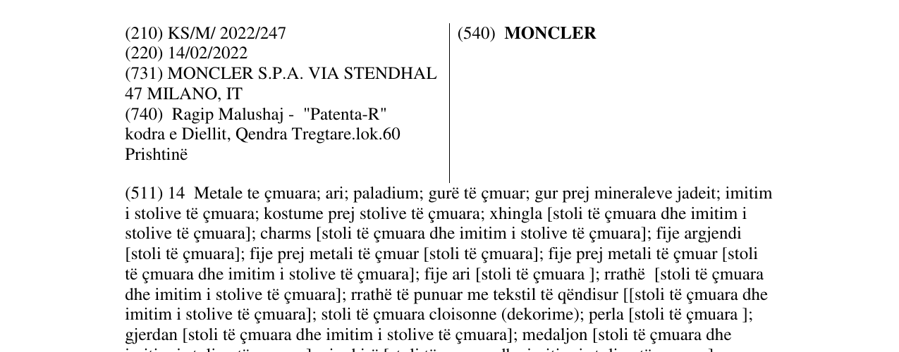 Zëri i markës MONCLER në buletin