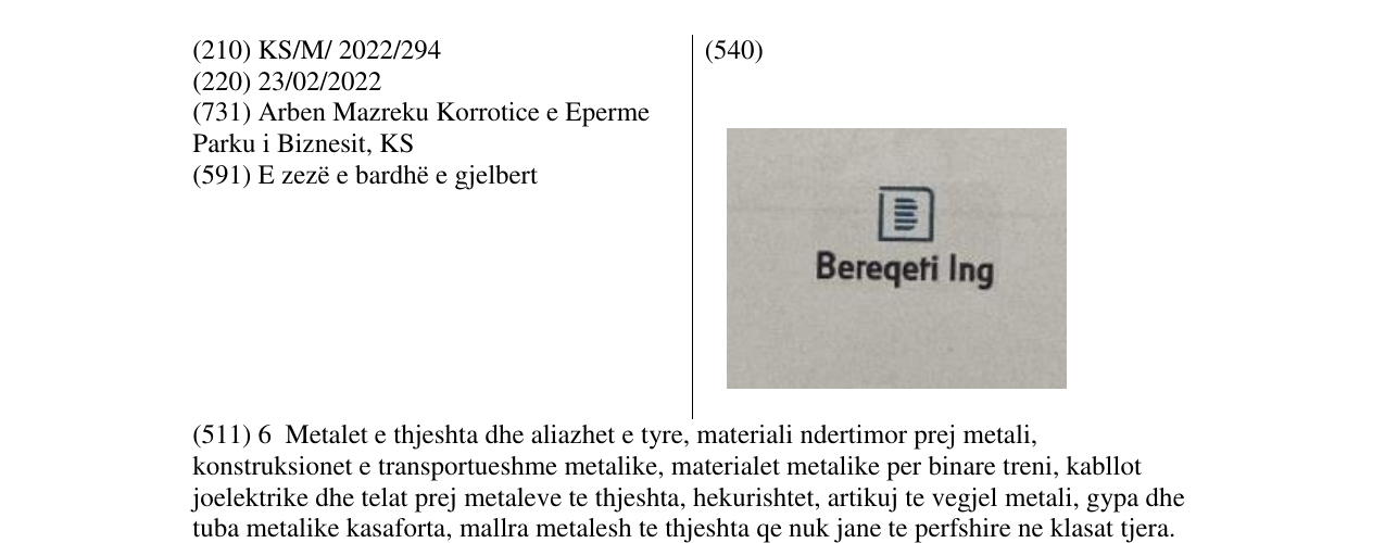 Zëri i markës Bereqeti Ing në buletin