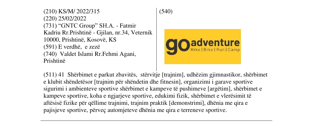 The entry of the trademark go adventure in the bulletin