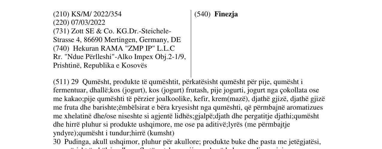 Zëri i markës Finezja në buletin