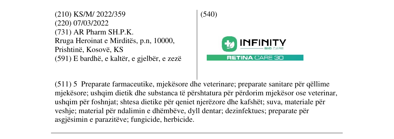 Zëri i markës INFINITY BIO CARE në buletin