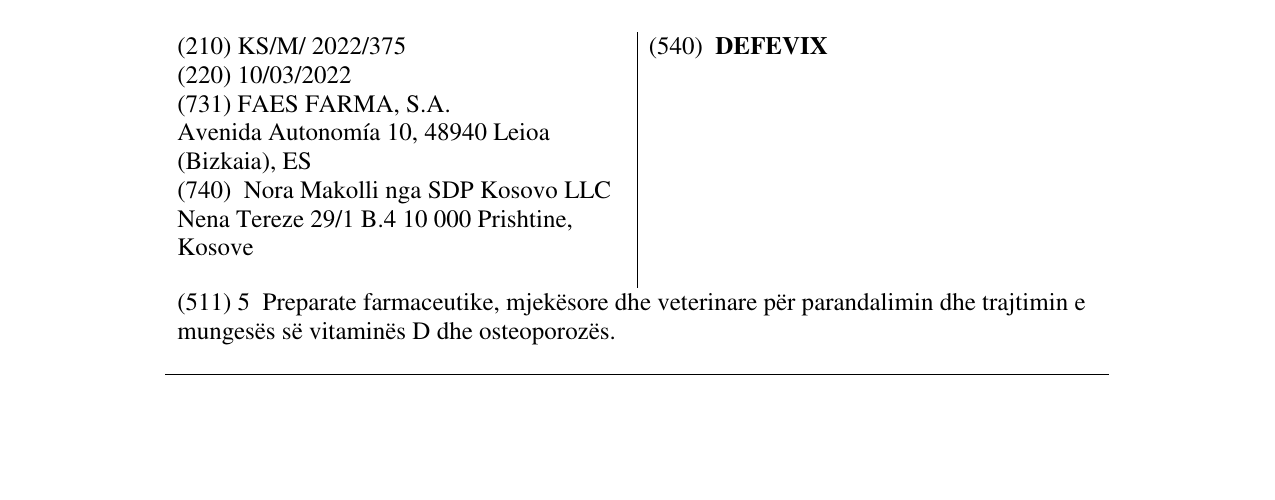 Zëri i markës DEFEVIX në buletin