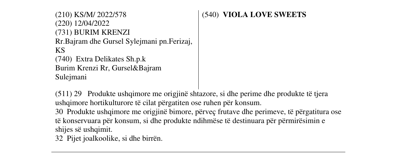 Zëri i markës VIOLA LOVE SWEETS në buletin