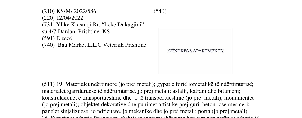 Zëri i markës QENDRESA APARTMENTS në buletin
