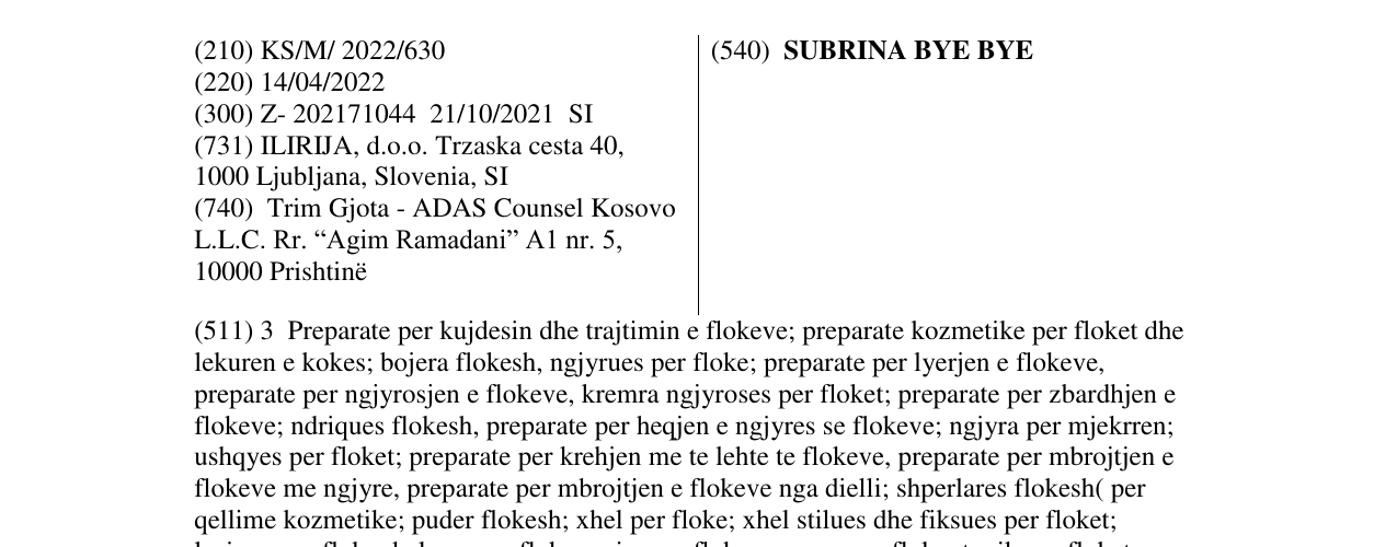 Zëri i markës SUBRINA BYE BYE në buletin
