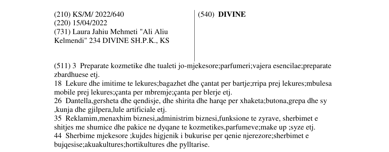 Zëri i markës DIVINE në buletin