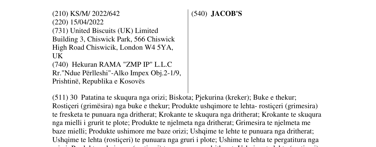 Zëri i markës JACOB'S në buletin