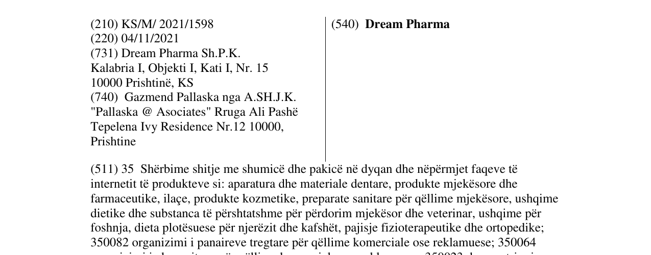 Zëri i markës Dream Pharma në buletin