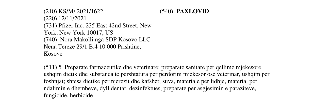 Zëri i markës PAXLOVID në buletin