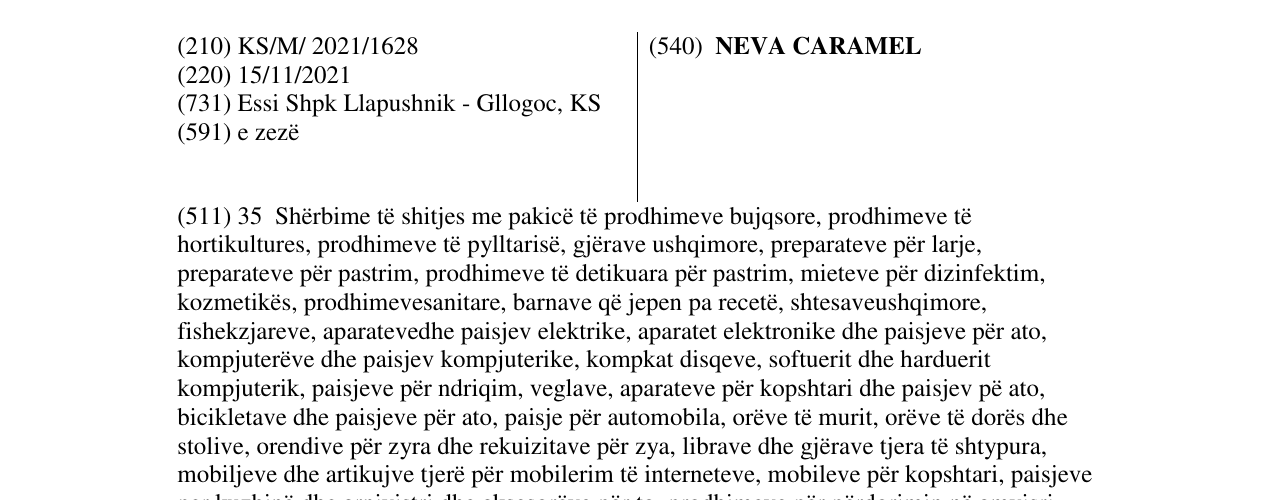 Zëri i markës NEVA CARAMEL në buletin