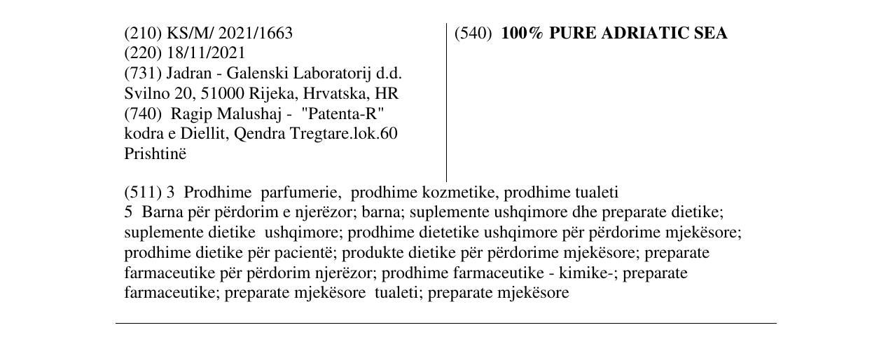 Zëri i markës 100% PURE ADRIATIC SEA në buletin