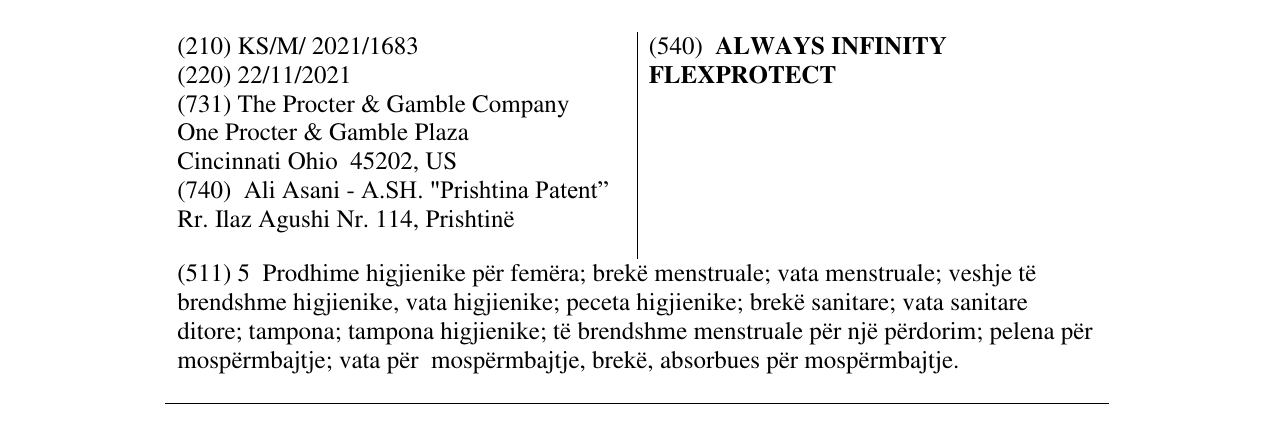 Zëri i markës ALWAYS INFINITY FLEXPROTECT në buletin