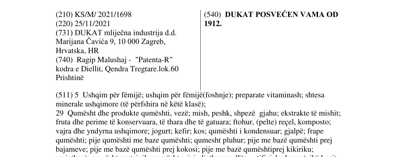 Zëri i markës DUKAT POSVEĆEN VAMA OD 1912. në buletin