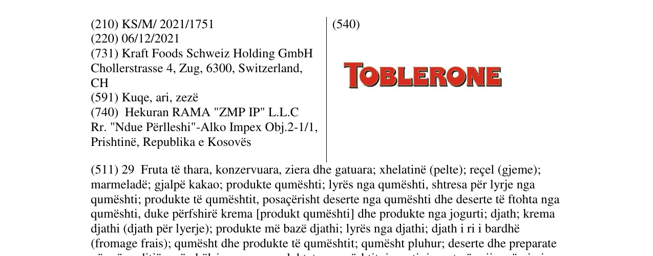 Zëri i markës TOBLERONE në buletin